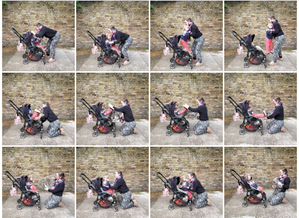 a sequence of thumbnail images showing a woman lifting a small child into a pram and strapping her in.